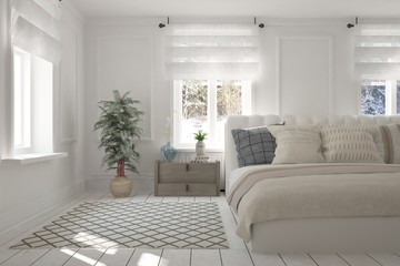 White bedroom with winter landscape in window. Scandinavian interior design. 3D illustration