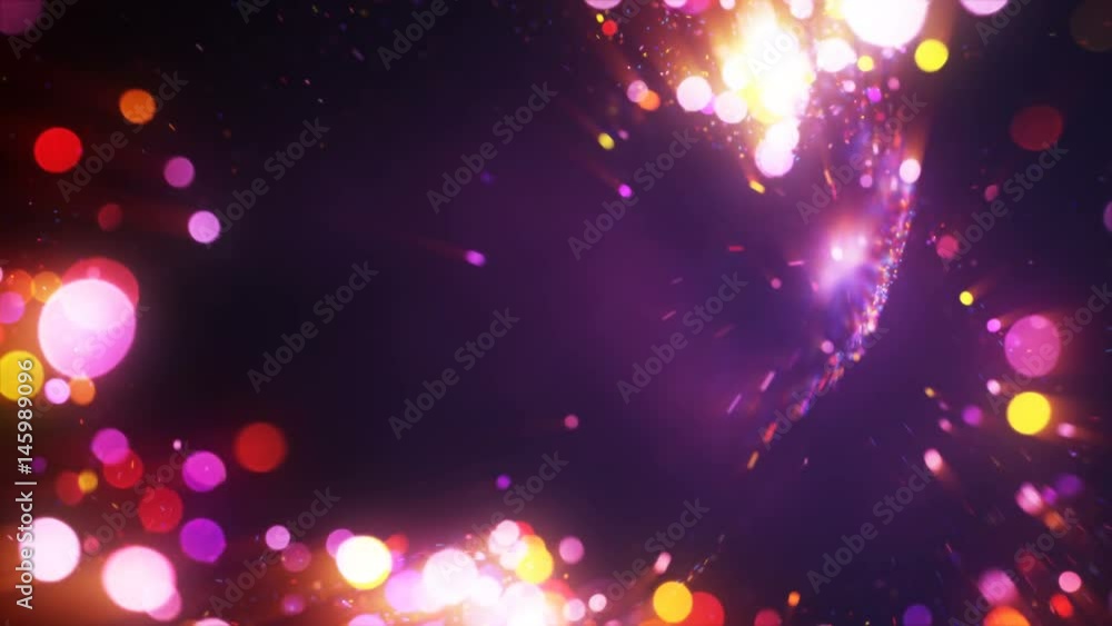 Poster colorful fairy particles flying out from burst. computer generated seamless loop abstract motion bac