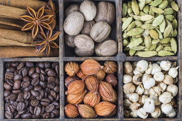 star, fenugreek, nutmeg, coriander, white, vivid, bright, composition, materials, brass, cinnamon