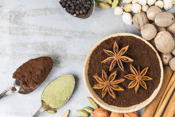 star, fenugreek, nutmeg, coriander, white, vivid, bright, composition, materials, brass, cinnamon