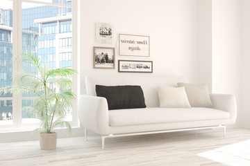 White room with sofa and urban landscape in window. Scandinavian interior design. 3D illustration