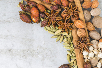 star, fenugreek, nutmeg, coriander, white, vivid, bright, composition, materials, brass, cinnamon