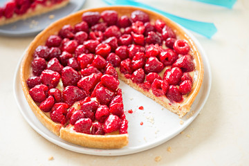 Raspberry tart with custard filling 