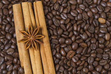 Coffee, coffee beans, food, flavor, brown beans, wood background, spices, star anise, star, enjoy, good times, beverages, characteristics,black, black, breakfast, breakfast, coffee color,