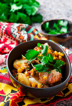 mexican cod and potato stew. selective focus