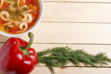 Food frame. Dishes of mediterranean cuisine from vegetables and shrimps