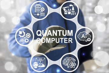 Quantum Computer Industry 4 Concept Integrated. Worker touched quantum computer text icon on...