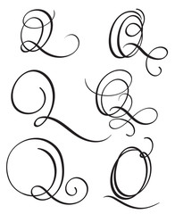 set of art calligraphy letter Q with flourish of vintage decorative whorls. Vector illustration EPS10