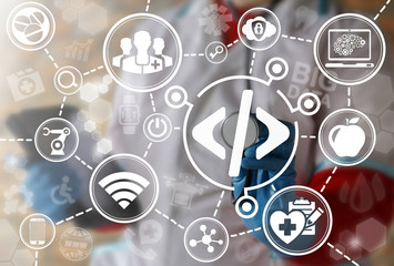 Software Programming Health Care Concept. Doctor touched stethoscope code icon on virtual screen....