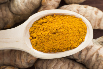 Powder and turmeric root (Curcuma longa)