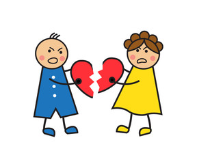 Cartoon a couple quarrel, cry and tear heart