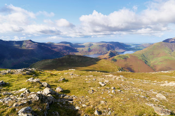 Views of Lake Buttermere, Crummock Water, High Stile and Red Pike from the summit of Robinson in the Lake District, England, UK.