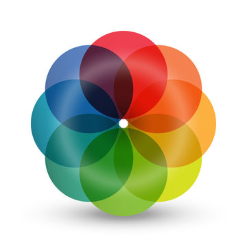 Rainbow flower logo. 3D icon and design element with copy space text. Bright and colorful company branding concept.
