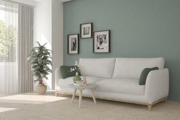 White modern room with sofa. Scandinavian interior design. 3D illustration