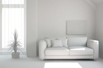 White room with sofa. Scandinavian interior design. 3D illustration