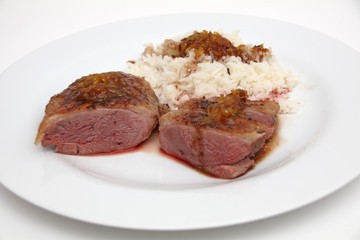 Entenbrust mit Reis an Orangensosse