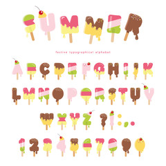 Ice cream melted font. Popsicle colorful letters and numbers can be used for summer design. Isolated on white.