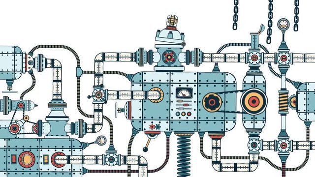 Incredible complex industrial machine with pipes, valves, hoses, mechanisms, apparatus. looped animation with alpha channel.