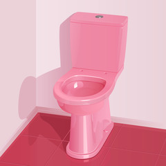 Розовый керамический унитаз на темно-розовом кафельном полу в туалетной комнате