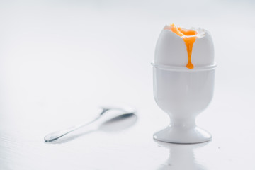 Soft boiled white egg on white background. 