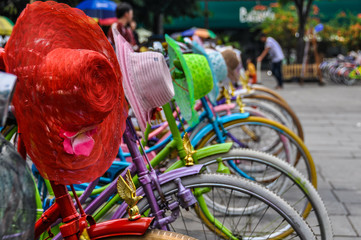 Colorful bicycles and hats in Jakarta, Indonesia