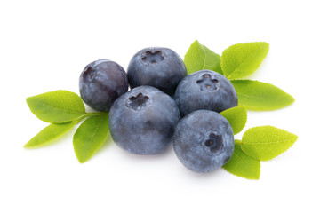 Eco Fresh blueberries with leaves on a white background.
