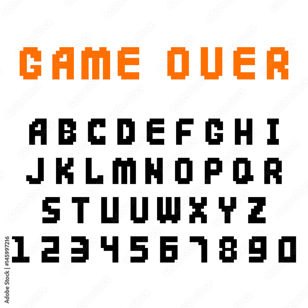 Fototapete pixel retro font video computer game design 8 bit letters numbers electronic futuristic style vector
