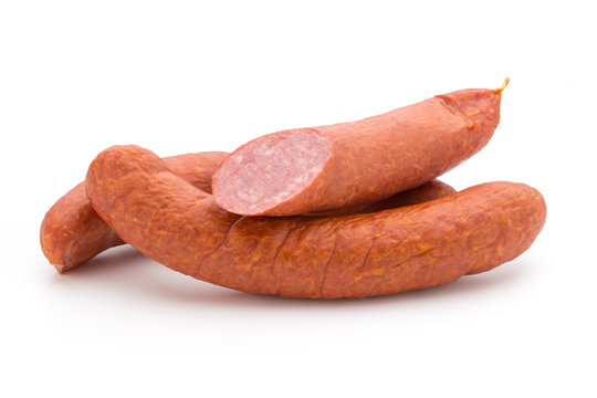Smoked sausage on a white background.