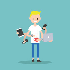Multitasking millennial concept. young blond man using a lot of devices at the same time  / flat editable vector illustration