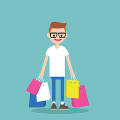 Young nerd holding shopping bags / flat editable vector illustration
