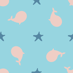 Underwater design of seamless pattern for wrapping, textile, prints. Seastar and whale colorful vector illustration elements.