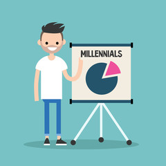 Young bearded man pointing on the flip chart with the infographics about millennials / flat editable vector illustration