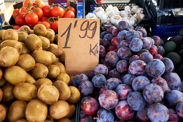 Various vegetables and fruits on the Sunday market in Spain, Mercadillo de Campo de Guardamar.