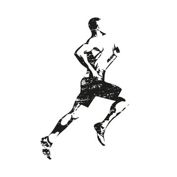 Scratched running man, abstract grungy vector silhouette