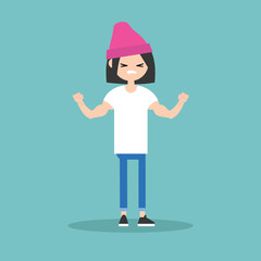 Young girl demonstrating her strength / editable flat vector illustration