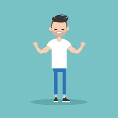 Young bearded man demonstrating his strength / editable flat vector illustration