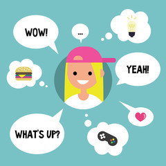 Modern communication concept. Happy blond girl surrounded by speaking and thinking bubbles / flat editable vector illustration