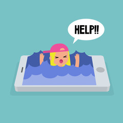 Mobile addiction concept. young blond girl drowning in the water / editable flat vector illustration