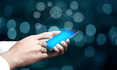businessman   hand phone  and virtual button