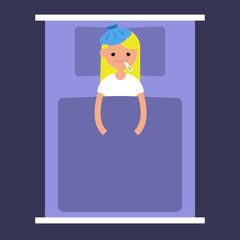 Sick blond girl lying under the blanket with an ice pack on her head and thermometer in mouth / flat editable vector illustration