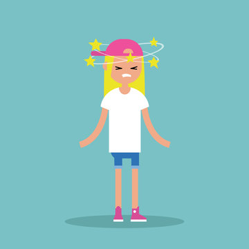 Dizziness conceptual illustration. Young blond girl with stars spinning around her head / flat editable vector illustration
