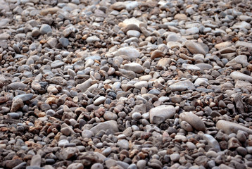 Pebbles on the beach; small stones background.