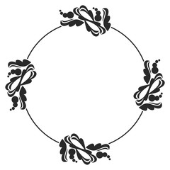 Black and white round frame with floral silhouettes. Copy space. Vector clip art.