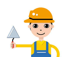 Builder in safety helmet holding a trowel, icon isolated.