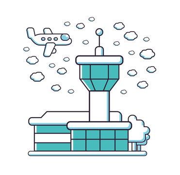 Airport tower building, airplane and clouds, vector line illustration.