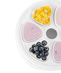 Automatic yogurt maker with fruits on white background