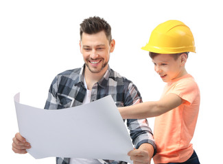 Father and son on white background