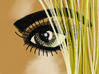 Colorful hand drawn part of face as green eye with big eyelashes, eyebrow and blond hair, isolated illustration painted by oil and watercolor, high quality