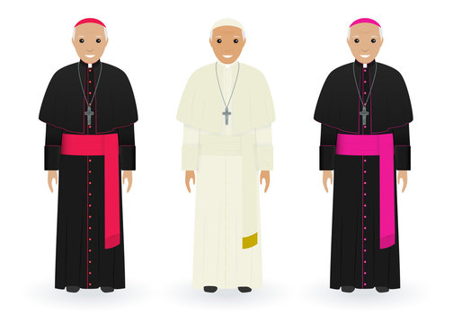 Pope, cardinal and bishop in characteristic clothes isolated on white background. Catholic priests. Religion people.