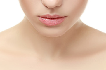 Fototapeta premium Beautiful young woman on white background, closeup